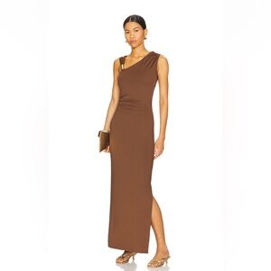 One-Shoulder Brown Maxi Dress with Side Slit